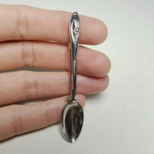 Vintage Towel Silver Tone Spoon Shape Brooch, Utensil Lapel Pin, Novelty Figural